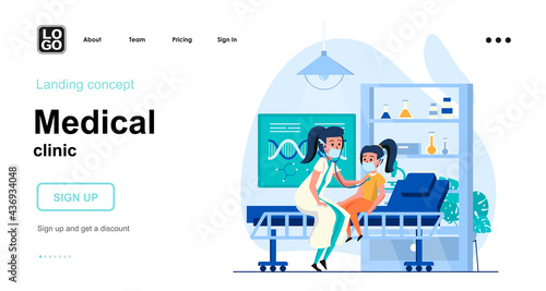 Medical clinic web concept. Pediatrician examines child, listens via stethoscope, health checkup. Template of people scenes. Vector illustration with character activities in flat design for website