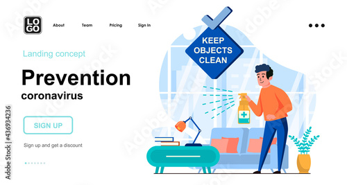Prevention coronavirus web concept. Man keep objects clean using disinfection spray at home. Template of people scenes. Vector illustration with character activities in flat design for website