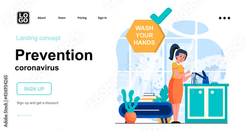 Prevention coronavirus web concept. Woman washing her hands with soap, simple hygiene procedures. Template of people scenes. Vector illustration with character activities in flat design for website