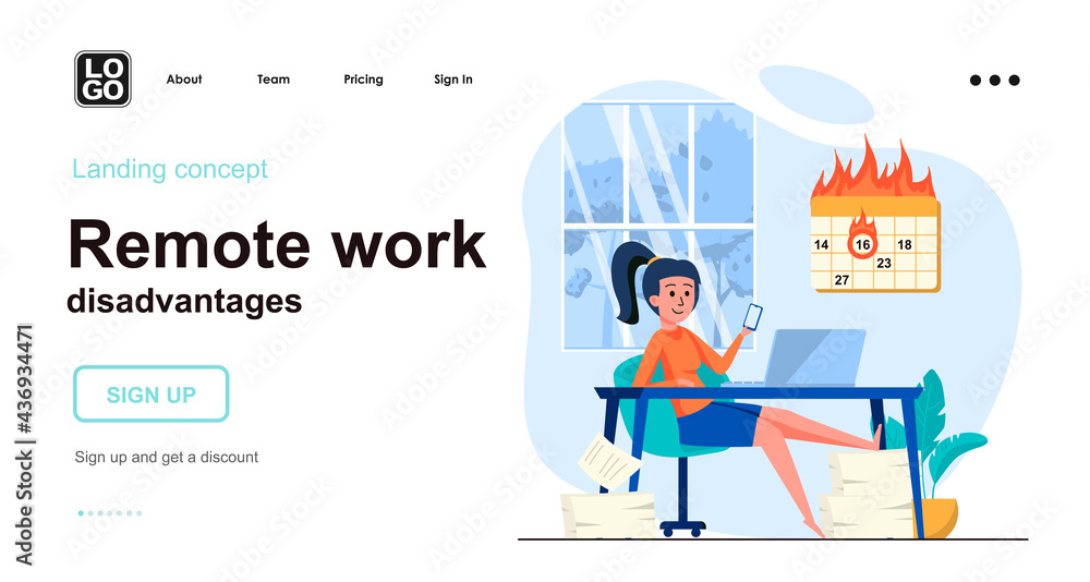 Remote work disadvantages web concept. Woman procrastinates in smartphone and fails work deadline. Template of people scenes. Vector illustration with character activities in flat design for website