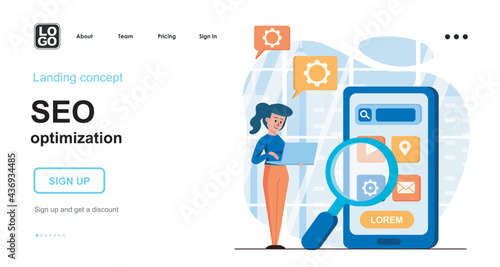 Seo optimization web concept. Woman making search settings, mobile strategy, targeted communication. Template of people scenes. Vector illustration with character activities in flat design for website © alexdndz