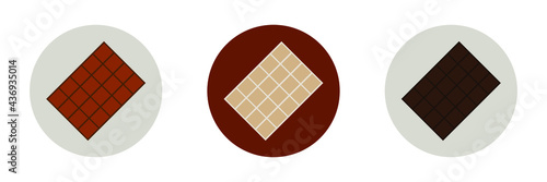 Set of three round chocolate vector icons. Dark black, milk brown and sweet white chocolate icon. Whole chocolate bar with squares. Sweets variety for happy sweetest or chocolate day celebration.