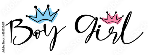 Boy and Girl with crown handwritten lettering set. Phrases and elements for baby stuff, nursery design, postcards, banners, posters, mug, scrapbooking, pillow case, photobook and clothes.