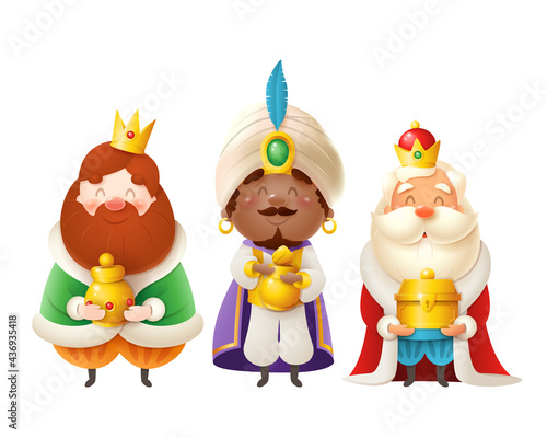 Cute Three Wise men with gifts celebrate Epiphany - Three kings Gaspar, Melchior and Balthazar vector illustration isolated on white