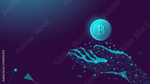 Human polygonal hand and bitcoin manet. Abstract background for a banner with copy space. Vector stock illustration. 