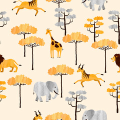 Crédence de cuisine Éléphant patrons Animaux savane africaine aquarelle  © Afanasia