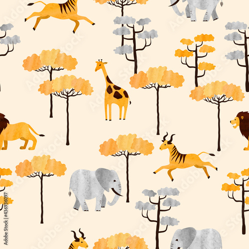 Seamless African animals pattern. Vector watercolor illustration of savanna with antelopes, giraffes, lions and elephants