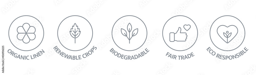 Sustainable clothes line icon set. Slow fashion badge. Organic cotton, natural dyes label. Eco viscose product logo. Fair trade. Conscious development. Ethical manufacturing. Vector illustration Sustainable clothes line icon set. Slow fashion badge. Organic cotton, natural dyes label. Eco viscose product logo. Fair trade. Conscious development. Ethical manufacturing. Vector illustration