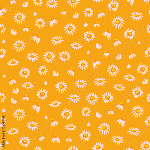 Summer seamless pattern chamomiles on a yellow background