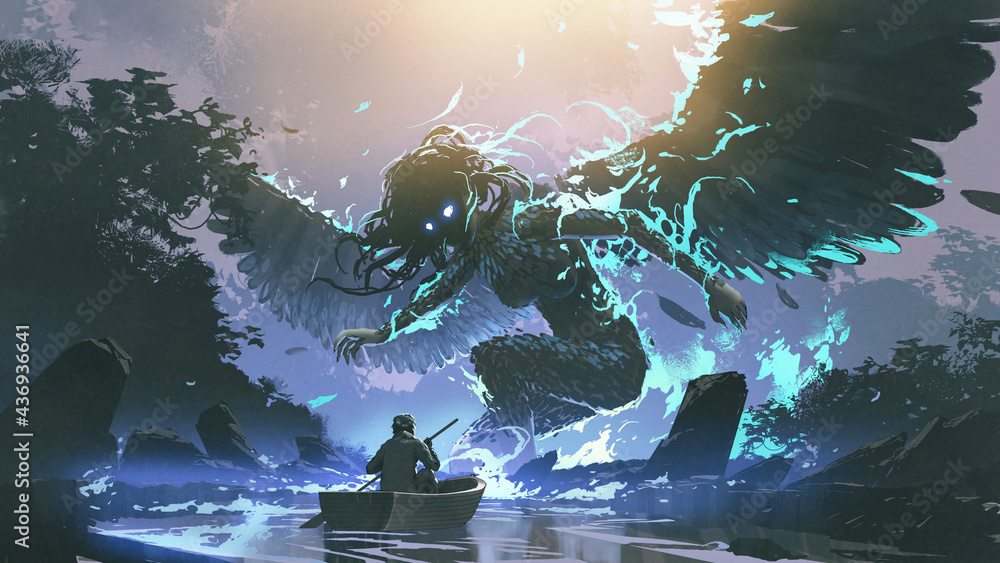 Fototapeta premium man on boat facing a legendary angel in the dark forest, digital art style, illustration painting
