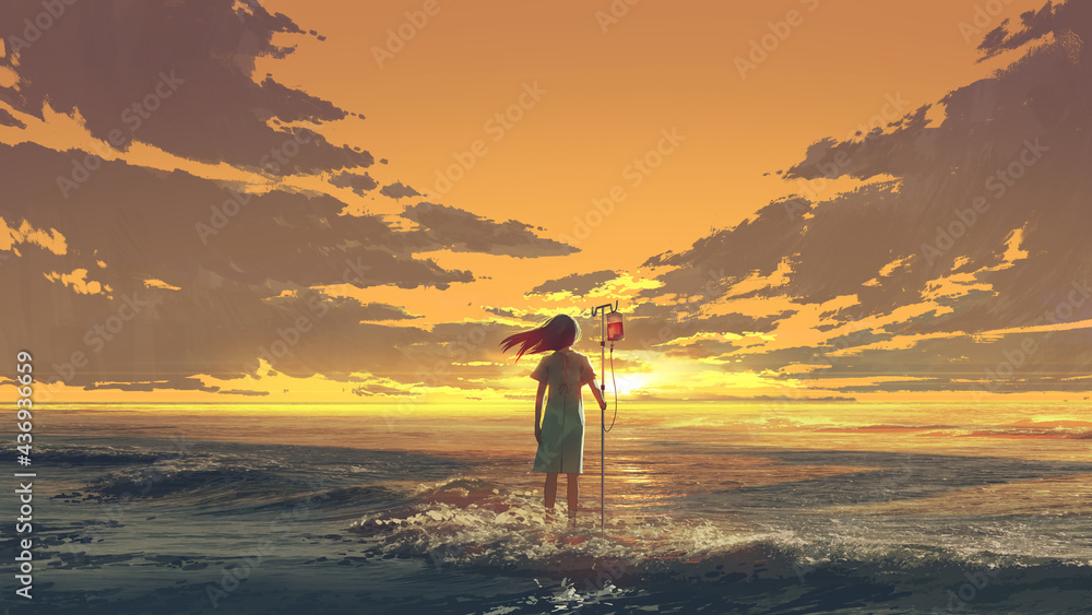 woman standing on the sea with IV pole with blood bag and looking the sunset sky, digital art style, illustration painting
