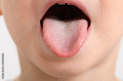 Studio shot of little boy's face, sticking out tongue