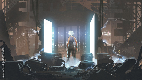 humanoid standing in an abandoned laboratory. digital art style, illustration painting