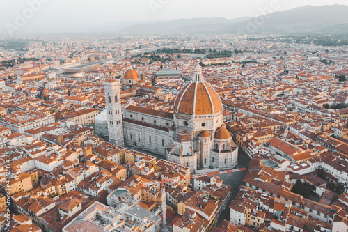 Aerial view of Florence's cathedral Santa Maria del Fiore during sunrise, Italy.