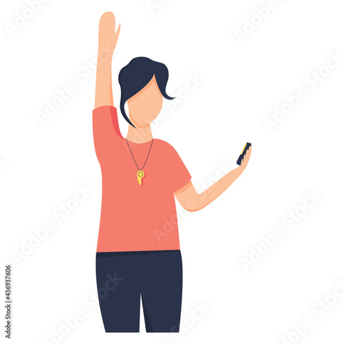 Coach, vector illustration on the topic of sport. A flat style trainer of swimming with a whistle and stopwatch, a female instructor isolated on a white background.