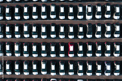 Aerial view of vehicles closely parked at a manufacturing site, Bruges, Belgium. photo