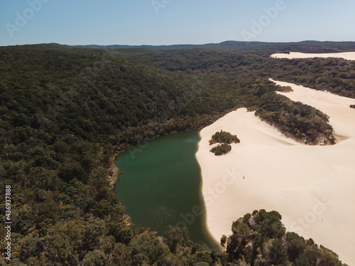 Aerial view of Lake Wabby surrounded by lush rainforest and a massive sand dune, Fraser Island, Australia. photo