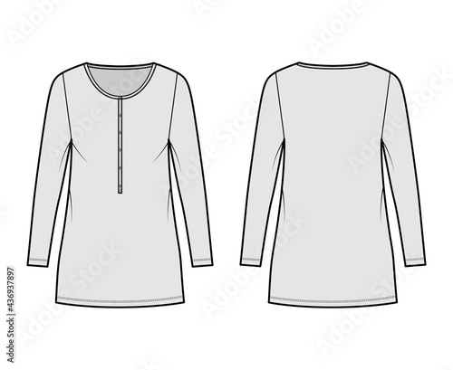 Dress henley collar technical fashion illustration with long sleeves, oversized body, mini length pencil skirt. Flat apparel front, back, grey color style. Women, men unisex CAD mockup