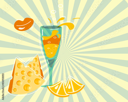 Pop art illustration with a glass of wine, slices of cheese and lemon. Dinner with seductive lips. Design for advertising, restaurant menu, wine tasting. Vector illustration with retro rays.