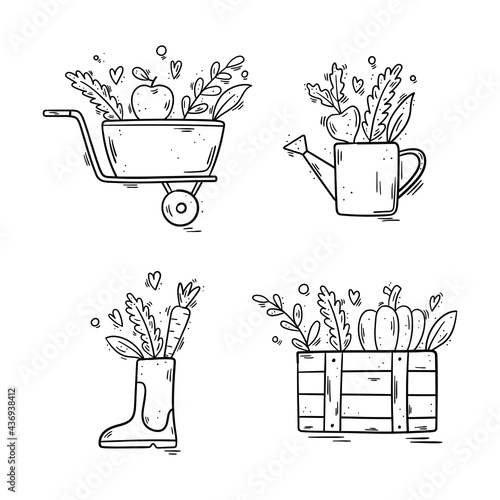 Garden set - Rubber boot, watering can, wheelbarrow, wooden crate box with a pumpkin, an apple, a turnip, a carrot and leaves - Hand drawn vector illustration isolated