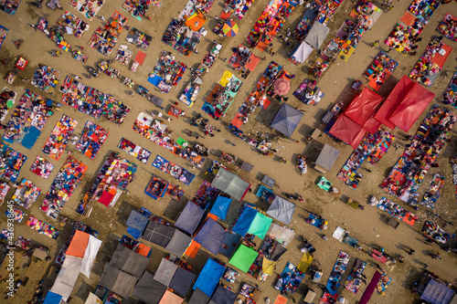 Aerial view of people working and trading at Rahman market along Karnaphuli river, Chittagong, Bangladesh. photo