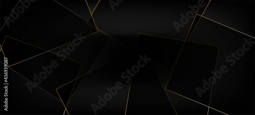 Black Business Paper with Gold Lines. Royal Silver Geo Border. Christmas New Year Squares Banner. 3D Abstract Polygonal Shiny Cover. Golden Rich VIP Low Poly Poster. Luxury Gold Crystal Card.
