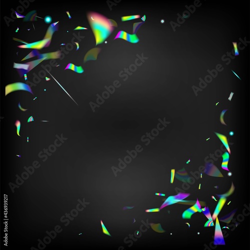 Falling Holograph Confetti. Blue, Purple, Green Celebration Background. Rainbow Tinsel. Holo Glam Effect Rainbow Bokeh.  Gradient Overlay Vivid Foil Tinsel. Silver Transparent Falling Particles.