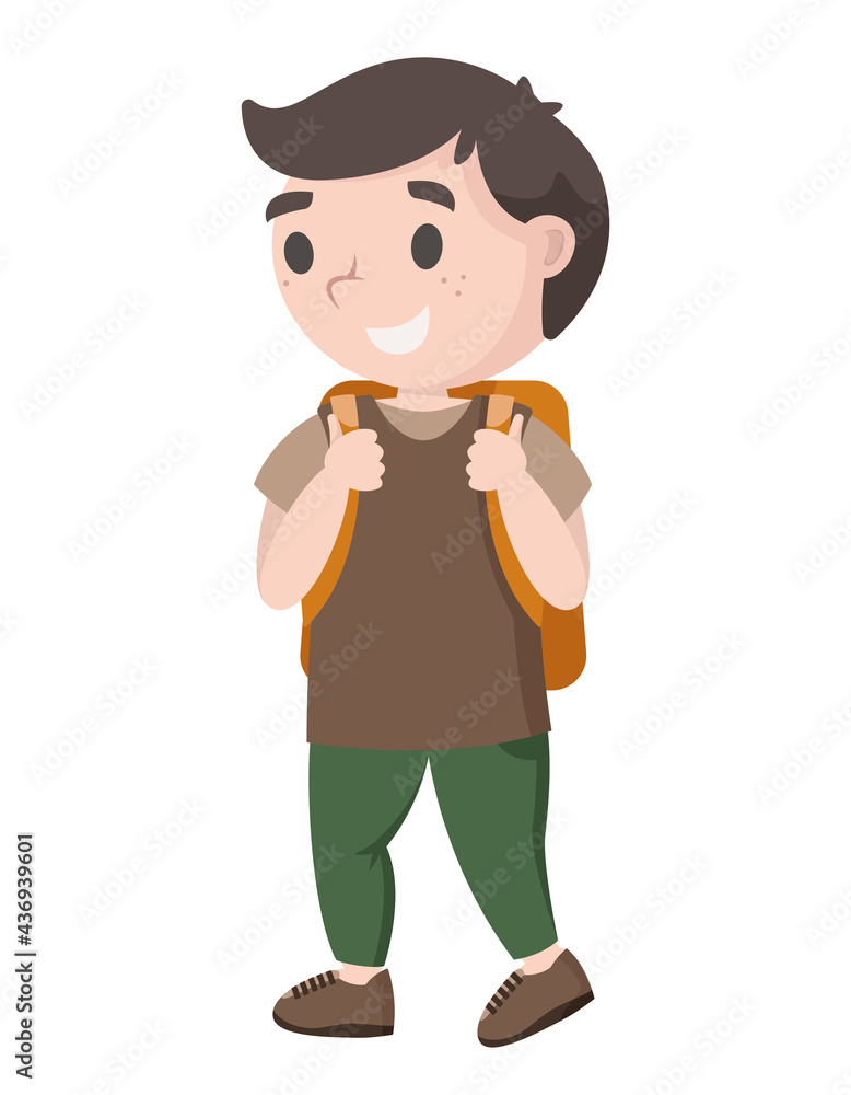 Schoolboy goes with backpack. Pupil in cartoon style Schoolboy goes with backpack. Pupil in cartoon style