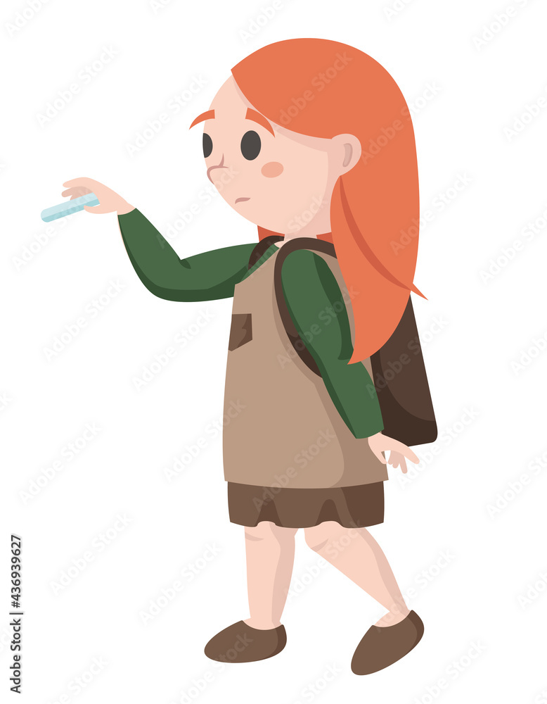 Schoolgirl writes with chalk. Pupil in cartoon style Schoolgirl writes with chalk. Pupil in cartoon style