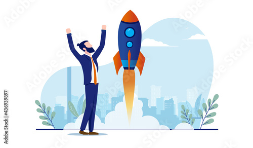 Project launch - Businessman with rocket lift off holding hands in air and celebrating. Business success and growth concept. Vector illustration with white background