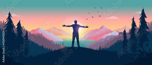 Having a personal adventure - Person standing in front of sun with arms out, watching the beauty of nature and feeling the warmth of the sun. Happiness and personal freedom concept. Vector