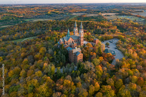 Aerial view of Holy Hill, a medieval style church on hilltop, Hartford, Wisconsin, United States. photo