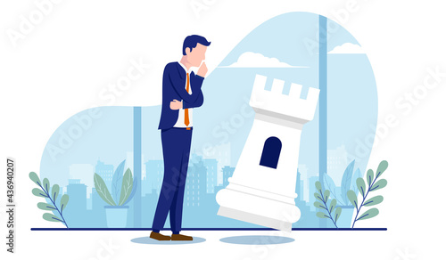 Business strategy planning - Businessman contemplating in front of chess piece with blue and white background. Strategic person concept. Vector illustration.