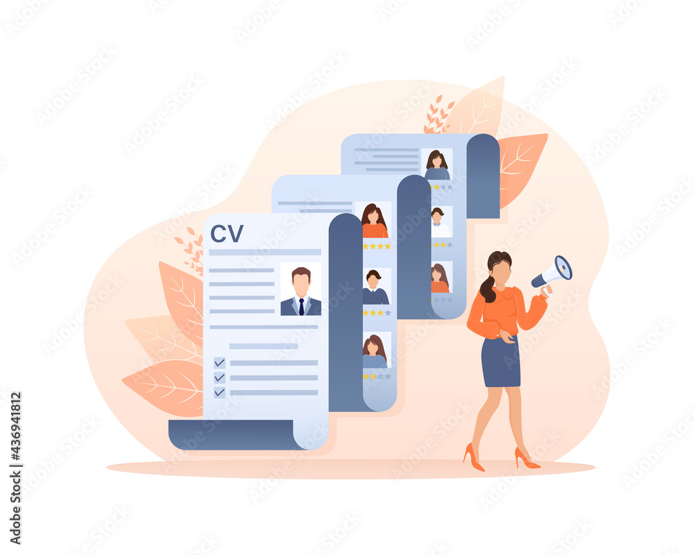 Obraz premium Resume people in flat style. People are lokking for new hires. Laptop screen. Vector illustration.