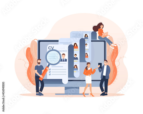 Resume people in flat style. People are lokking for new hires. Laptop screen. Vector illustration.