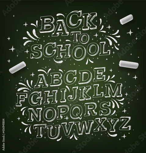 Chalk alphabet. Font pencil vintage alphabet drawing with chalk on chalkboard background. Vector illustration.