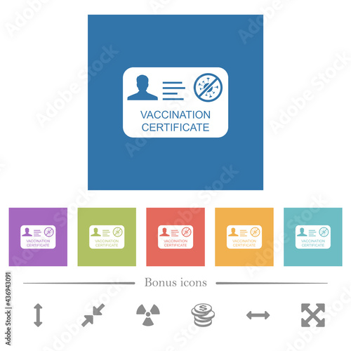 Vaccination certificate flat white icons in square backgrounds