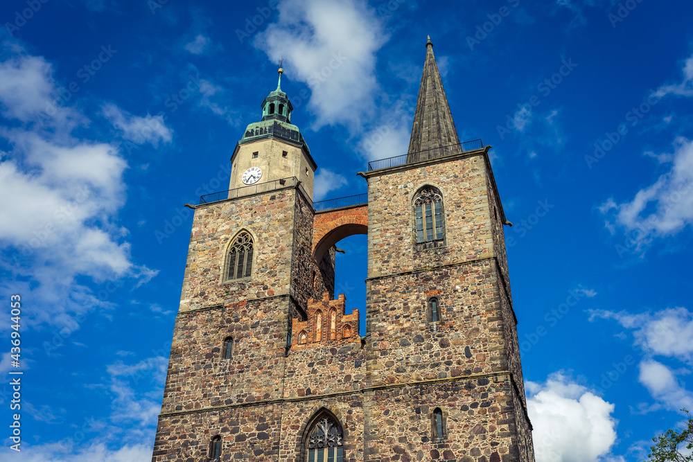 Two towers of the Church of St. Nicholas. Juterbog is a historic town in north-eastern Germany, in the district of Brandenburg.