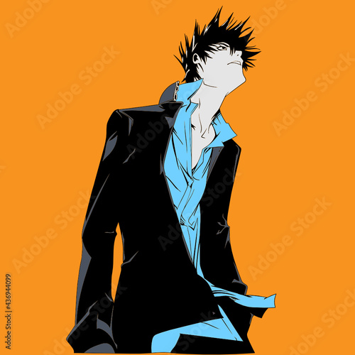 Illustration eines Mannes mit blauen Hemd und Blazer mit dem Blick zum Himmel auf orangenem Hintergrund