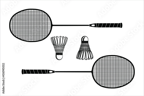 Two badminton racket and shuttlecock black silhouettes, vector illustration isolated on white background. Essential badminton sport game equipment. Line art icon for sports apps and websites.