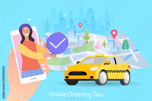 Online ordering taxi car,rent any sharing using services mobile app.Location on a city map and urban scale background.
