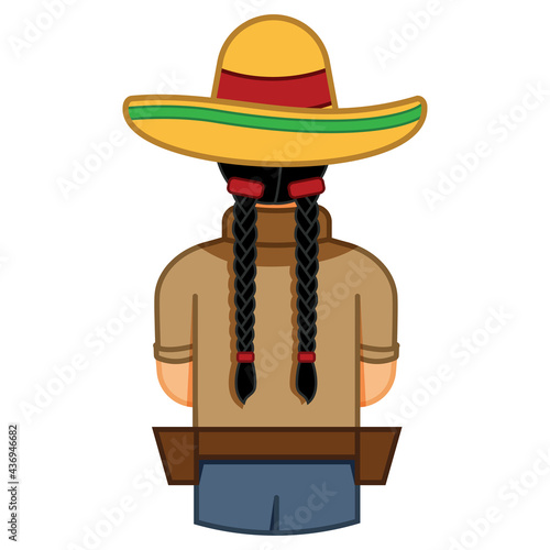 Girl with ponytails and back turned with holsters and sombrero isolated on white background