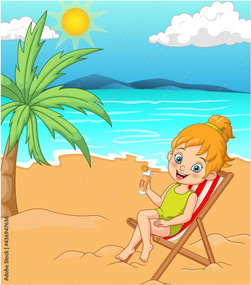Cartoon girl in swimsuit sunbathing at the beach