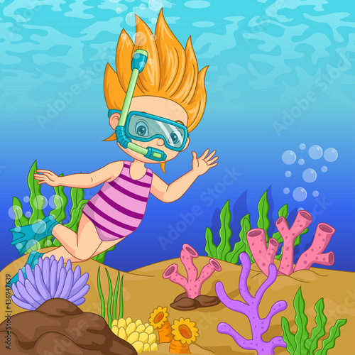 Cartoon little girl wearing diving mask swims underwater