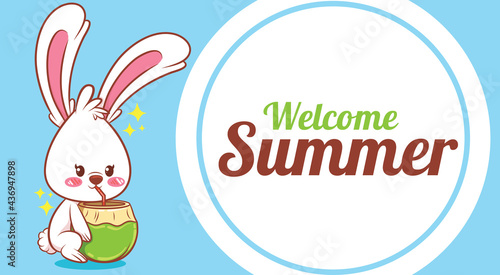 cute bunny holding a young coconut with a summer greeting banner.