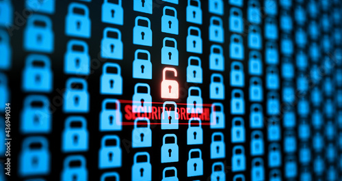 Security Breach Warning In Big Monitor Displaying, Cloud Security, Hacker Attack On Cloud Security System Shield