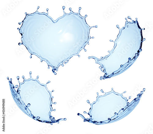 3d render, collection of water splash elements. Heart shape splashing blue liquid clip art isolated on white background