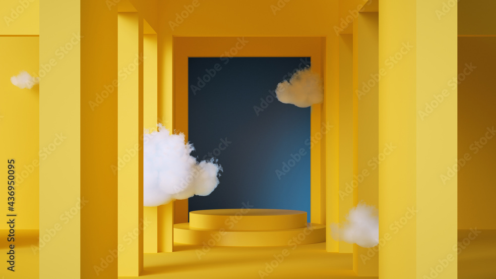 Obraz premium 3d render, abstract background with corridor. Clouds flying inside the yellow room with blue window. Architectural showcase scene with empty pedestal for product presentation