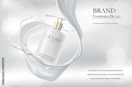 3d advertising concept for a cosmetic product. Cream bottle packaging mockup in milk splash. Realistic design to showcase the brand on banners in a minimalist style.