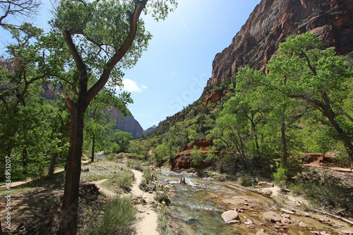 Virgin river flowing between the mountains at Zion national Park, Utah.